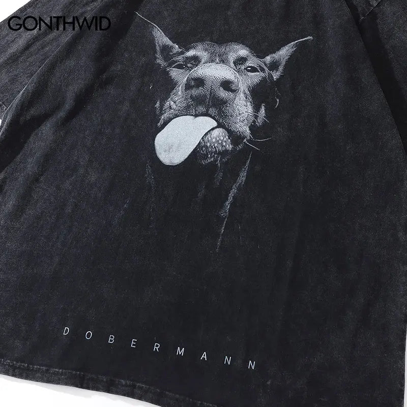 Camiseta Washed Black Dobermann  - Estilo Harajuku